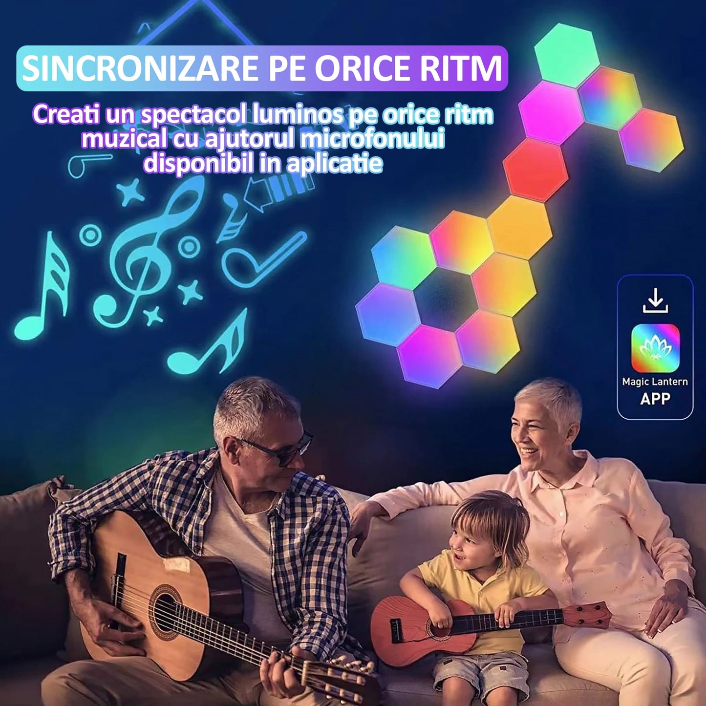 Set 12 lampi RGB hexagonale modulare de perete, NEXTLY, control prin aplicatie, telecomanda, moduri multiple, sincronizare muzicala, microfon, timer, luminozitate ajustabila