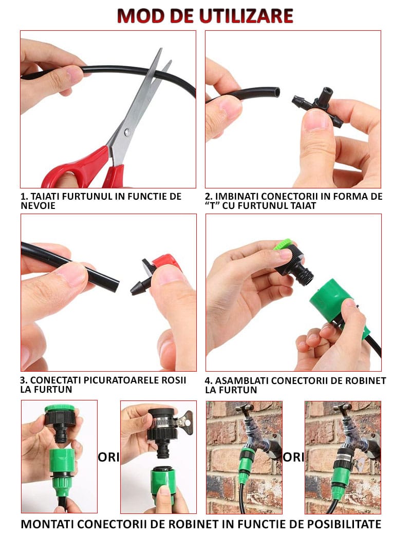 Sistem de irigare pentru gradina/plante/gazon/ghivece/sere/solare NEXTLY, 25m, 4 moduri de udare, rosu