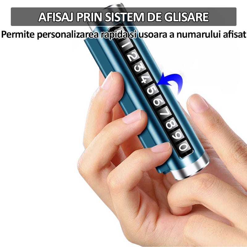 Suport numar de telefon pentru parcare auto NEXTLY, rezistent la temperaturi ridicate/scazute, lipire cu banda dublu adeziva, ajustarea numerelor prin sistem de glisare, albastru lucios