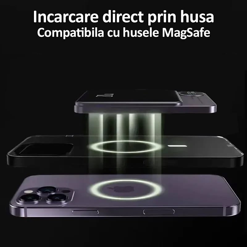 Baterie externa Wireless Magnetica 10 000 mAh, NEXTLY, incarcare rapida, 20W, incarcare wireless 5W, 7.5W, 15W, compatibila MagSafe, porturi Tip-C, lightning, mov