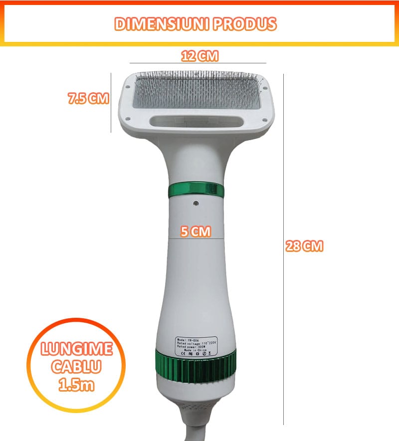 Perie cu uscator pentru caini/pisici 2 in 1 NEXTLY, 3 moduri de uscare, zgomot redus, 300W, cablu 1.5m, alb-verde