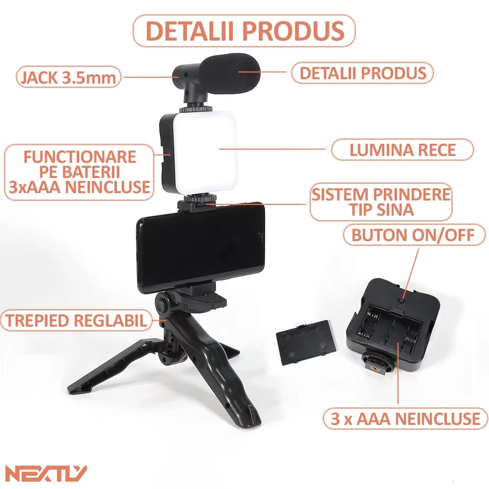 Kit vlogging streaming NEXTLY, ultra portabil, set complet, include microfon, lampa led, suport telefon, trepied, telecomanda bluetooth pentru selife, negru