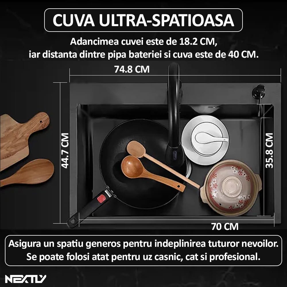 Set chiuveta si baterie tip lebada pentru bucatarie, NEXTLY, multifunctionala, include dozator detergent, cosulet, robineti, racorduri, scurgere, sita, dop, cap baterie extensibil cu doua moduri de je