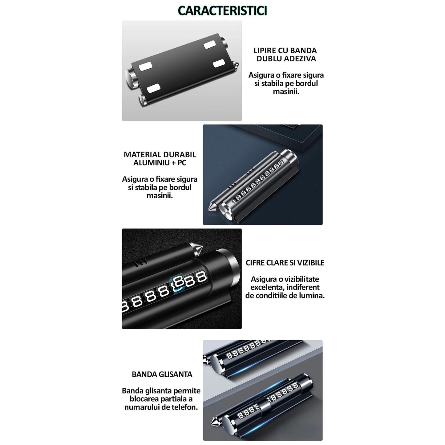 Suport numar de telefon pentru parcare auto multifunctional R NEXTLY, odorizant auto, suport telefon, banda glisanta pentru ascundere numar, rezistent la temperaturi ridicate/scazute, lipire cu banda