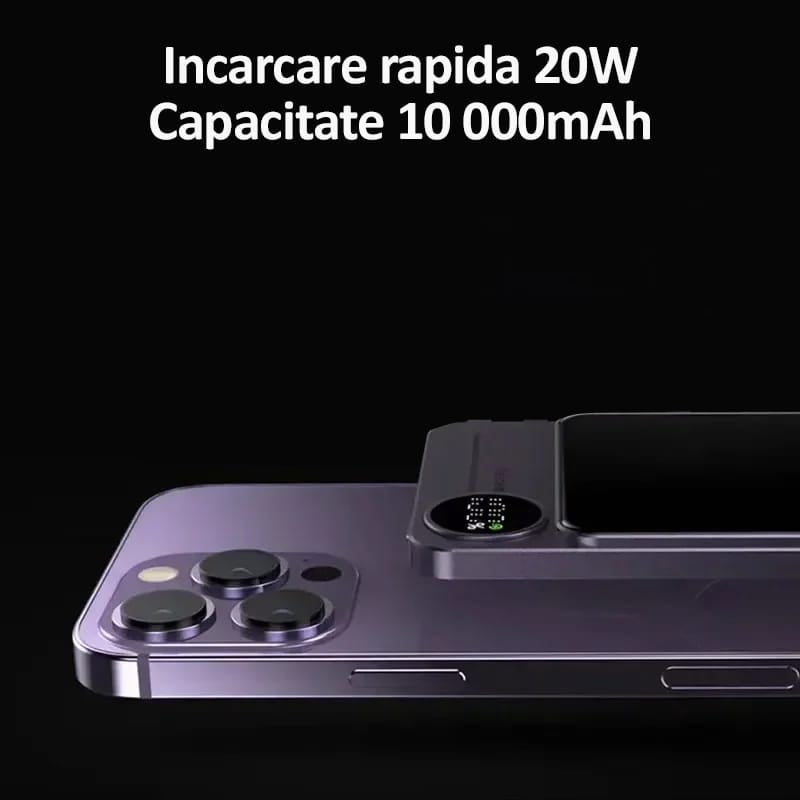 Baterie externa Wireless Magnetica 10 000 mAh, NEXTLY, incarcare rapida, 20W, incarcare wireless 5W, 7.5W, 15W, compatibila MagSafe, porturi Tip-C, lightning, mov