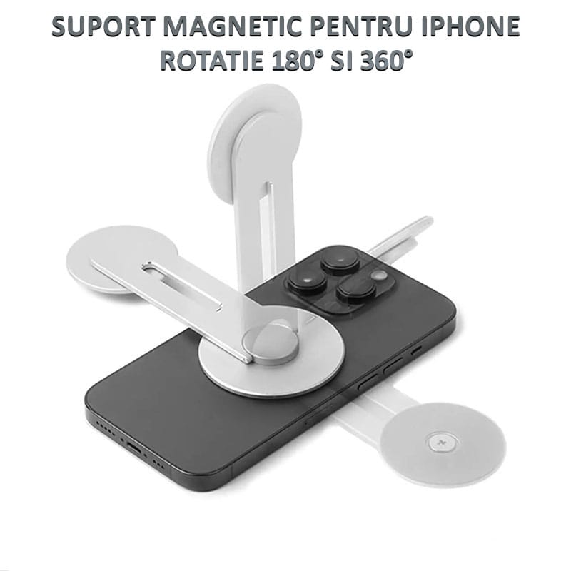 Suport magnetic pentru iPhone 12/13/14 si telefoane cu inele magnetice NEXTLY, atasare pe laptop/monitor, rotatie 180° si 360°, argintiu