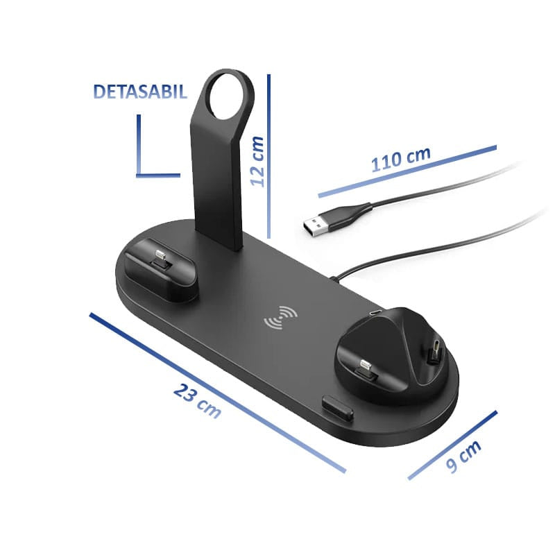 Incarcator wireless telefon 6 in 1, Apple Watch, AirPods, NEXTLY, stand rotativ cu 3 mufe Tip C, MicroUSB, iPhone, Fast Charge 15W, compatibil cu iPhone, Samsung si telefoane universale care au functi