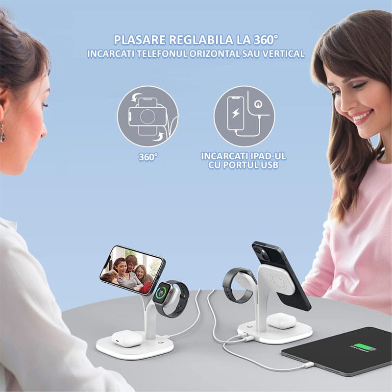 Incarcator wireless magnetic NEXTLY pentru iPhone 12/13/14 Mini/Pro/Pro Max/Plus, AirPods 2/3/Pro, Apple Watch 2/3/4/5/6/7/8/SE, Fast Charger 15W, lumina ambientala LED, suporta husa Mag Safe, alb