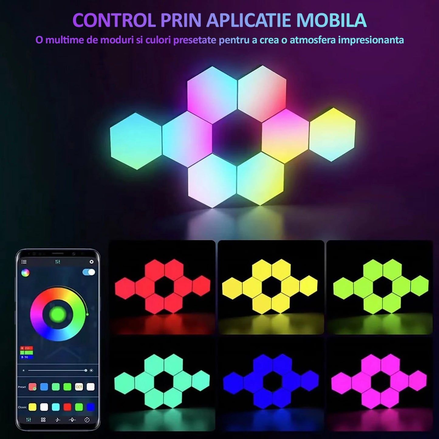 Set 10 lampi RGB hexagonale modulare de perete, NEXTLY, control prin aplicatie, telecomanda, moduri multiple, sincronizare muzicala, microfon, timer, luminozitate ajustabila