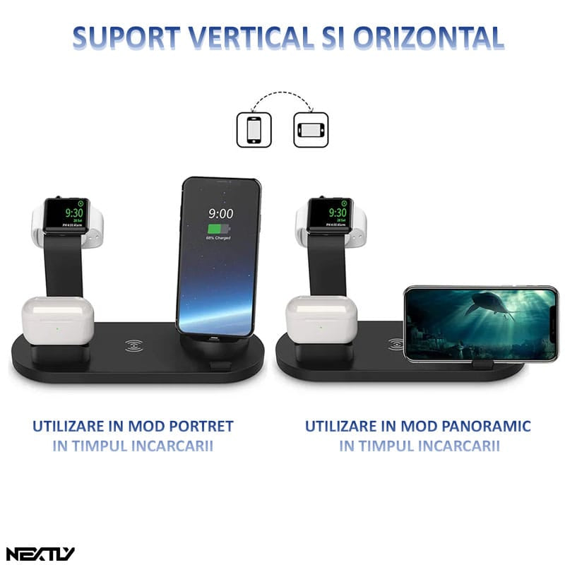 Incarcator wireless telefon 6 in 1, Apple Watch, AirPods, NEXTLY, stand rotativ cu 3 mufe Tip C, MicroUSB, iPhone, Fast Charge 15W, compatibil cu iPhone, Samsung si telefoane universale care au functi