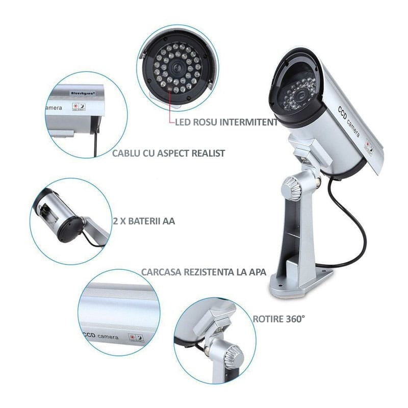 Camera de supraveghere falsa NEXTLY pentru exterior/interior, led rosu intermitent, rotire 360°/90°, waterproof, baterii AA, argintiu