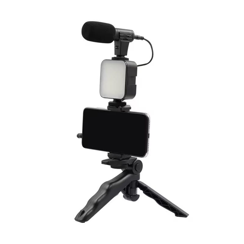 Kit vlogging streaming NEXTLY, ultra portabil, set complet, include microfon, lampa led, suport telefon, trepied, telecomanda bluetooth pentru selife, negru