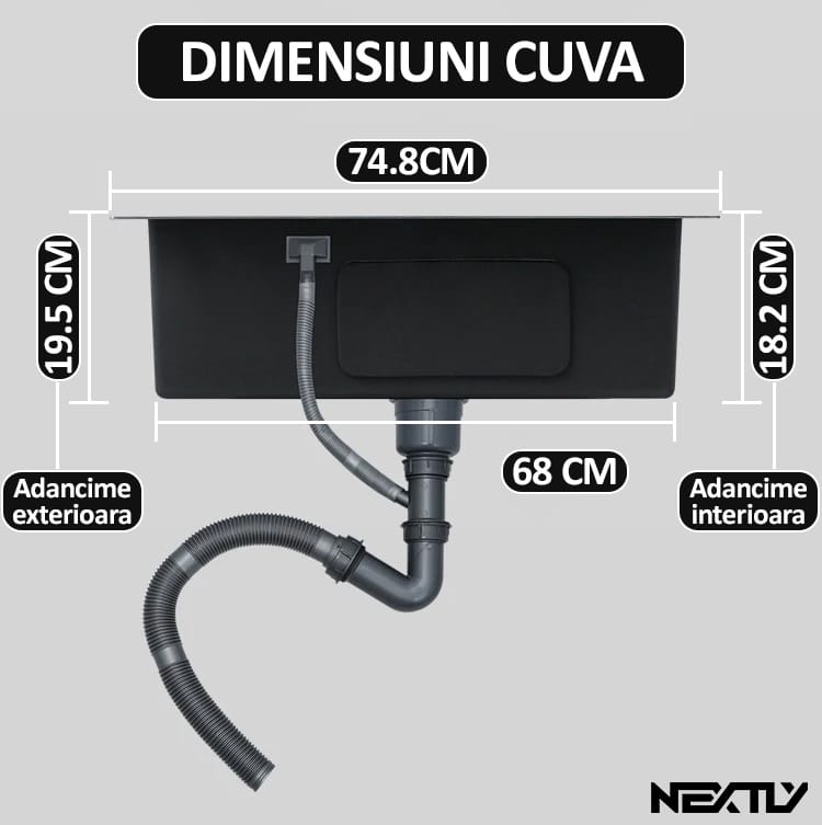 Set chiuveta si baterie tip lebada pentru bucatarie, NEXTLY, multifunctionala, include dozator detergent, cosulet, robineti, racorduri, scurgere, sita, dop, cap baterie extensibil cu doua moduri de je