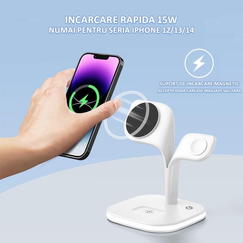 Incarcator wireless magnetic NEXTLY pentru iPhone 12/13/14 Mini/Pro/Pro Max/Plus, AirPods 2/3/Pro, Apple Watch 2/3/4/5/6/7/8/SE, Fast Charger 15W, lumina ambientala LED, suporta husa Mag Safe, alb