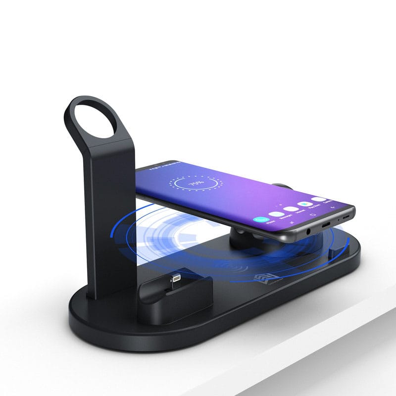Incarcator wireless telefon 6 in 1, Apple Watch, AirPods, NEXTLY, stand rotativ cu 3 mufe Tip C, MicroUSB, iPhone, Fast Charge 15W, compatibil cu iPhone, Samsung si telefoane universale care au functi