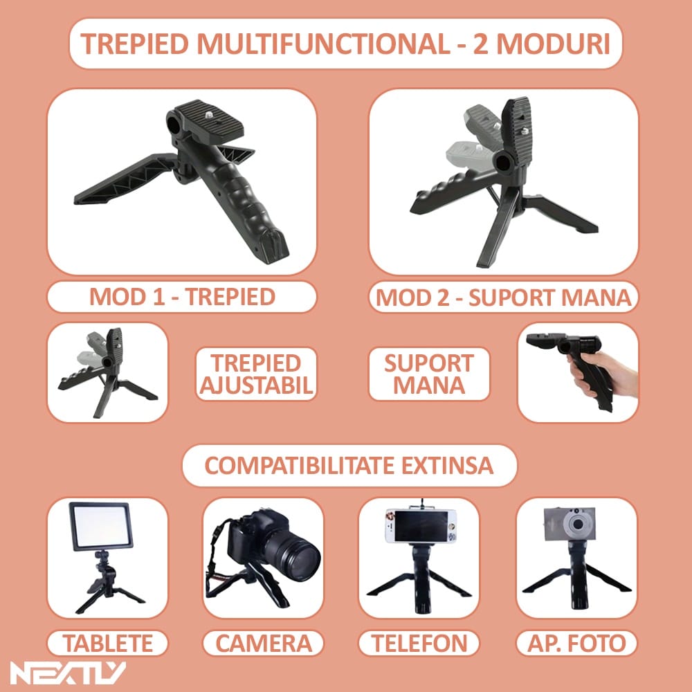 Kit vlogging streaming NEXTLY, ultra portabil, set complet, include microfon, lampa led, suport telefon, trepied, telecomanda bluetooth pentru selife, negru