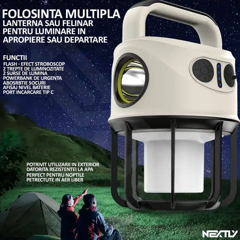 Lanterna LED portabila, tip felinar, NEXTLY, doua surse de lumina, functie flash, luminozitate reglabila, reincarcabila, lumina calda si rece, functie powerbank, afisaj nivel baterie