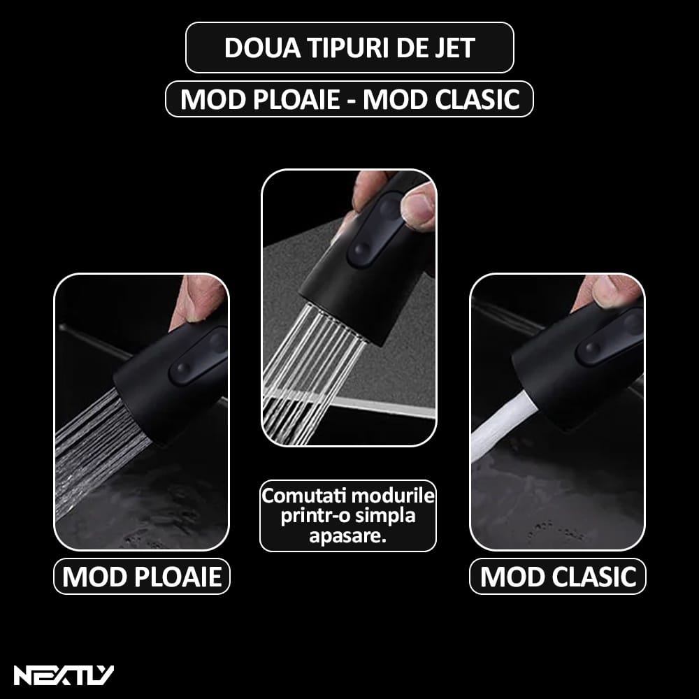 Set chiuveta si baterie tip lebada pentru bucatarie, NEXTLY, multifunctionala, include dozator detergent, cosulet, robineti, racorduri, scurgere, sita, dop, cap baterie extensibil cu doua moduri de je