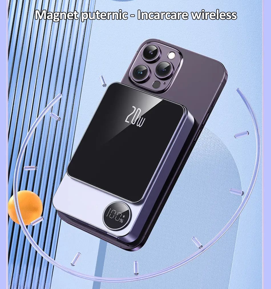 Baterie externa Wireless Magnetica 10 000 mAh, NEXTLY, incarcare rapida, 20W, incarcare wireless 5W, 7.5W, 15W, compatibila MagSafe, porturi Tip-C, lightning, mov