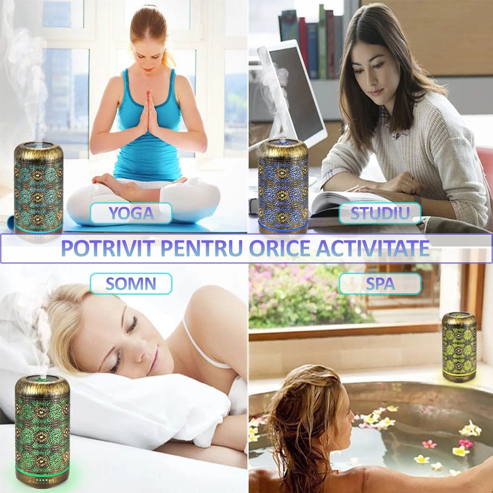 Difuzor de aromaterapie / umidificator cu ultrasunete, NEXTLY, portabil, silentios, capacitate 250ml, 7 culori LED pentru iluminare ambientala, 4 setari de timp, bronz