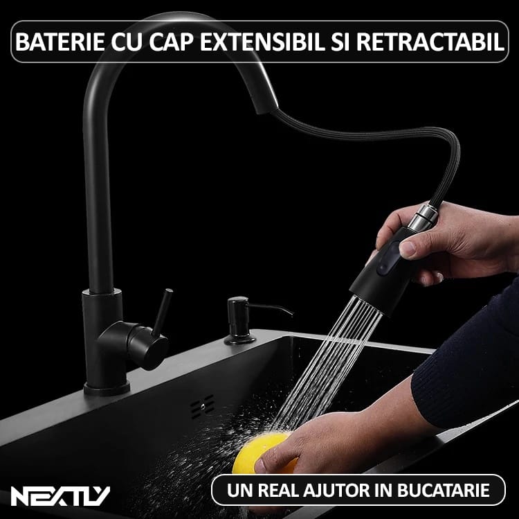 Set chiuveta si baterie tip lebada pentru bucatarie, NEXTLY, multifunctionala, include dozator detergent, cosulet, robineti, racorduri, scurgere, sita, dop, cap baterie extensibil cu doua moduri de je