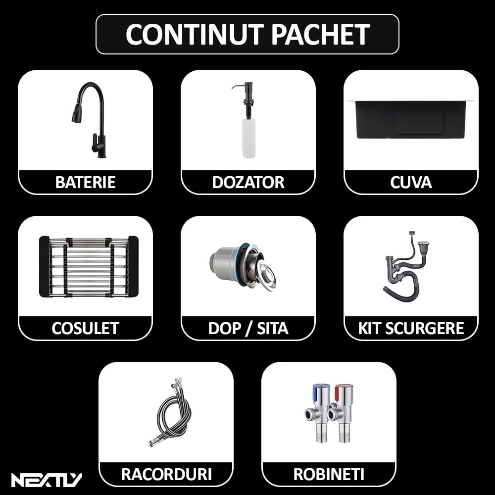 Set chiuveta si baterie tip lebada pentru bucatarie, NEXTLY, multifunctionala, include dozator detergent, cosulet, robineti, racorduri, scurgere, sita, dop, cap baterie extensibil cu doua moduri de je