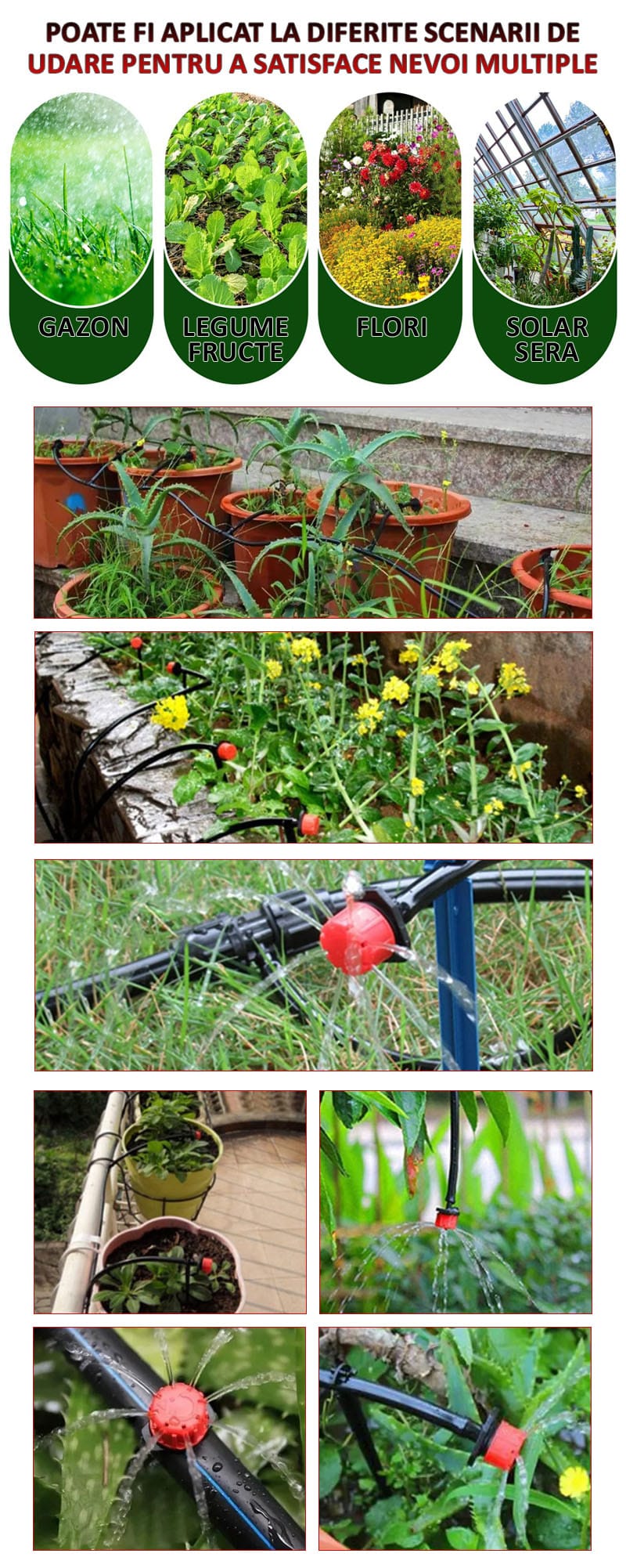 Sistem de irigare pentru gradina/plante/gazon/ghivece/sere/solare NEXTLY, 25m, 4 moduri de udare, rosu