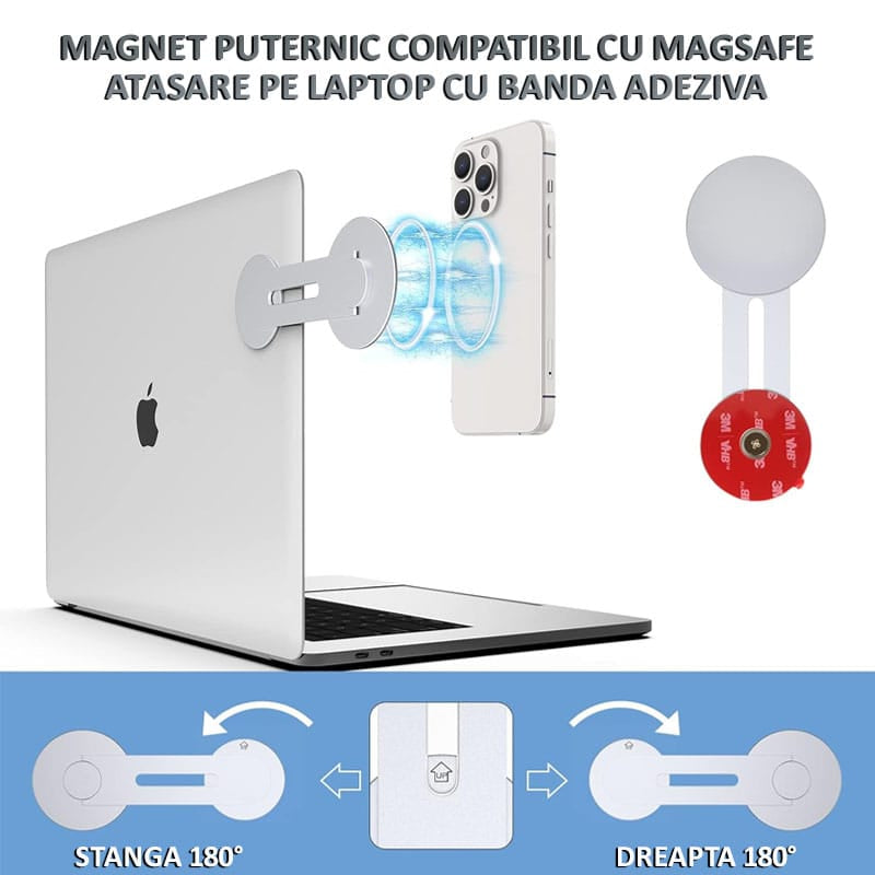 Suport magnetic pentru iPhone 12/13/14 si telefoane cu inele magnetice NEXTLY, atasare pe laptop/monitor, rotatie 180° si 360°, argintiu