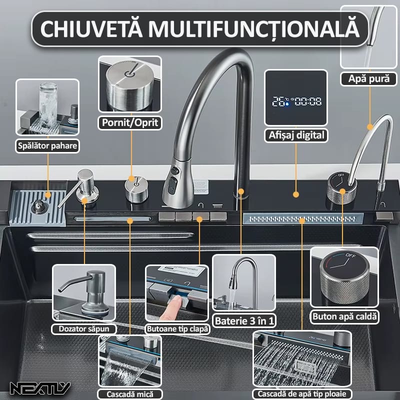 Chiuveta multifunctionala smart pentru bucatarie NEXTLY, robinet flexibil, cascada integrata, robinet tip ploaie, panou de control tactil, afisaj digital LCD, accesorii incluse, kit complet de instalare, otel inoxidabil, 80x45cm, gri antracit