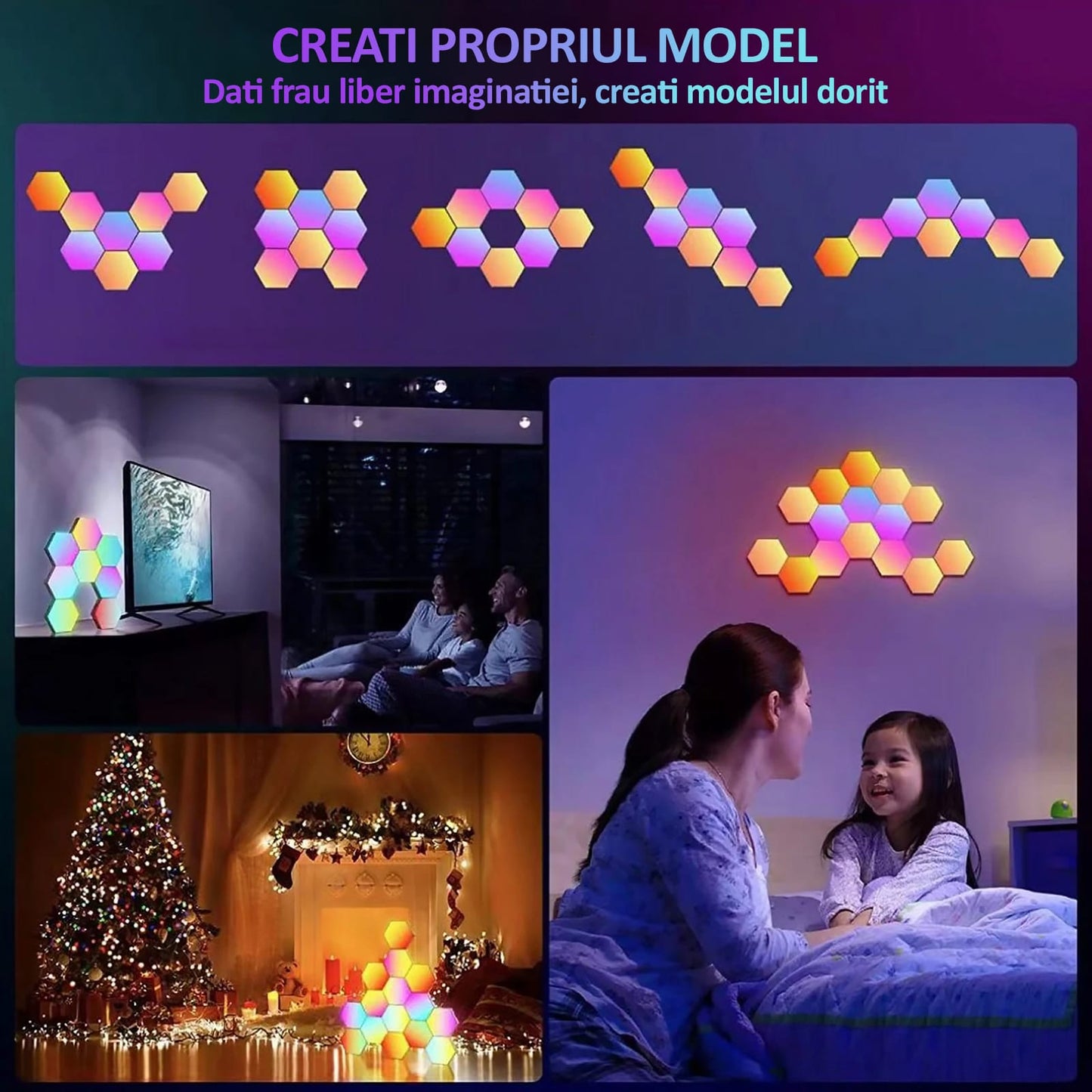 Set 8 lampi RGB hexagonale modulare de perete, NEXTLY, control prin aplicatie, telecomanda, moduri multiple, sincronizare muzicala, microfon, timer, luminozitate ajustabila