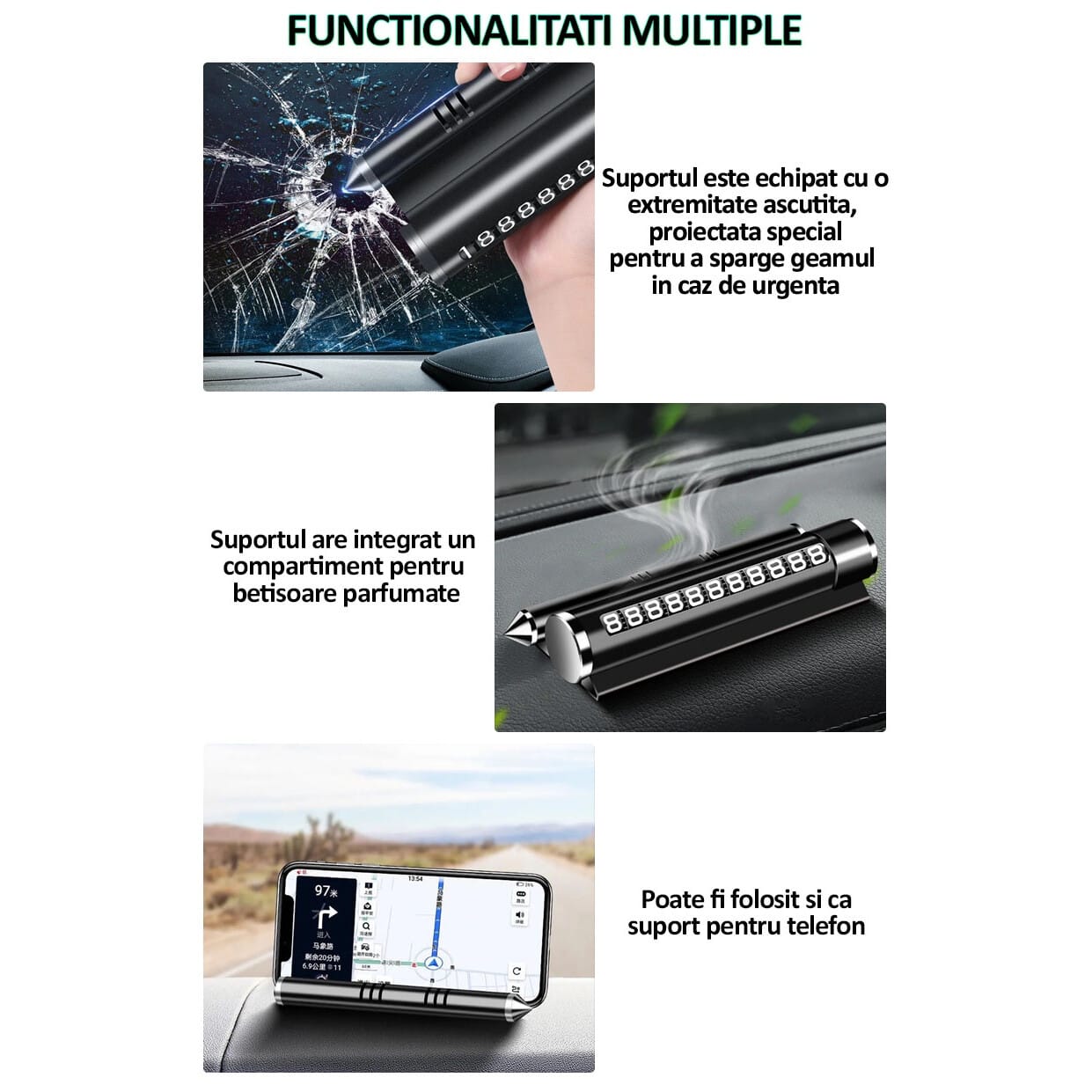 Suport numar de telefon pentru parcare auto multifunctional A NEXTLY, odorizant auto, suport telefon, banda glisanta pentru ascundere numar, rezistent la temperaturi ridicate/scazute, lipire cu banda