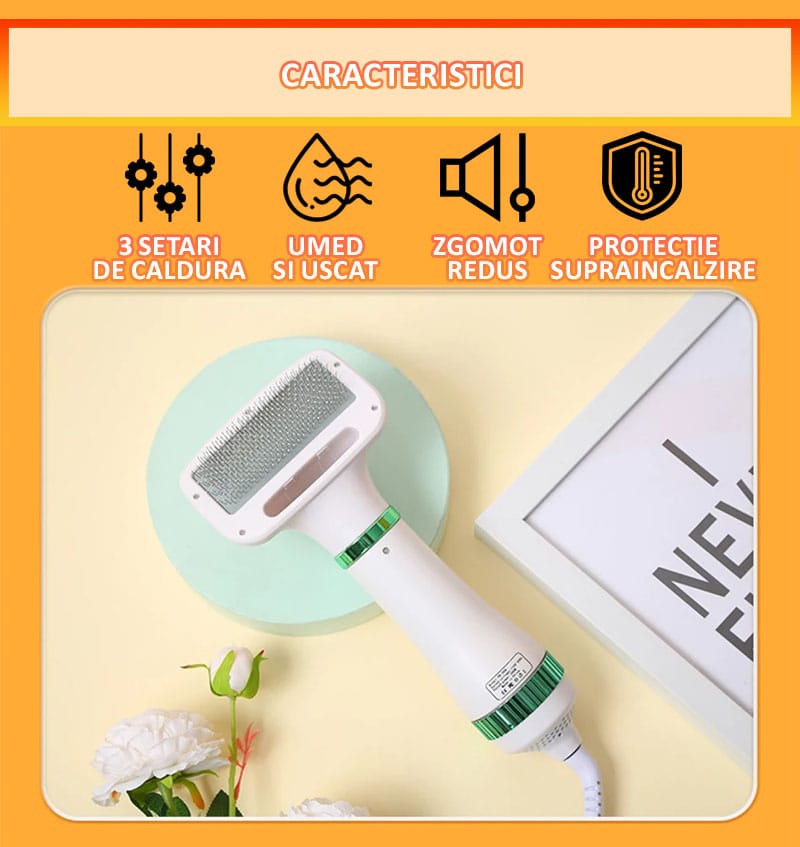 Perie cu uscator pentru caini/pisici 2 in 1 NEXTLY, 3 moduri de uscare, zgomot redus, 300W, cablu 1.5m, alb-verde