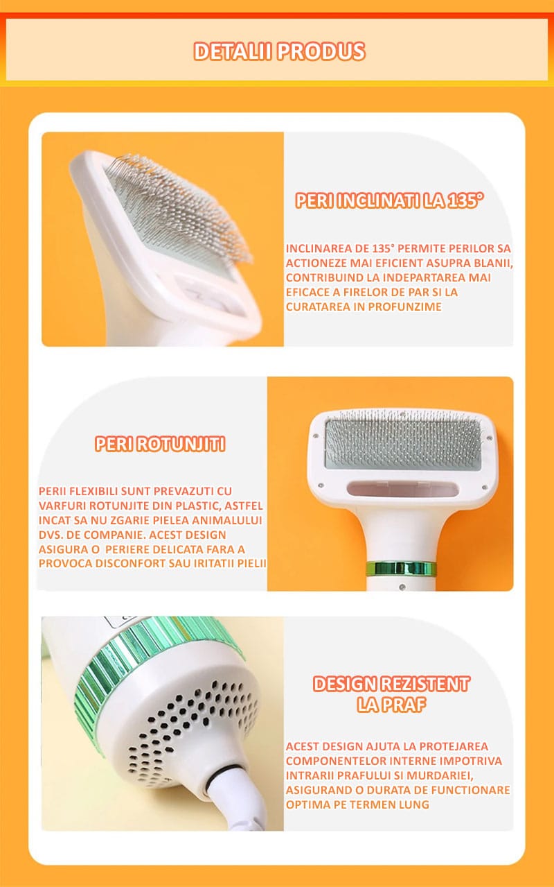 Perie cu uscator pentru caini/pisici 2 in 1 NEXTLY, 3 moduri de uscare, zgomot redus, 300W, cablu 1.5m, alb-verde