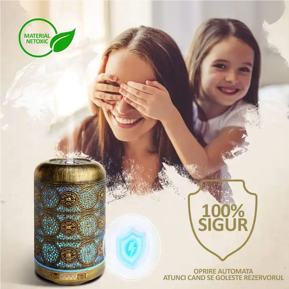 Difuzor de aromaterapie / umidificator cu ultrasunete, NEXTLY, portabil, silentios, capacitate 250ml, 7 culori LED pentru iluminare ambientala, 4 setari de timp, bronz