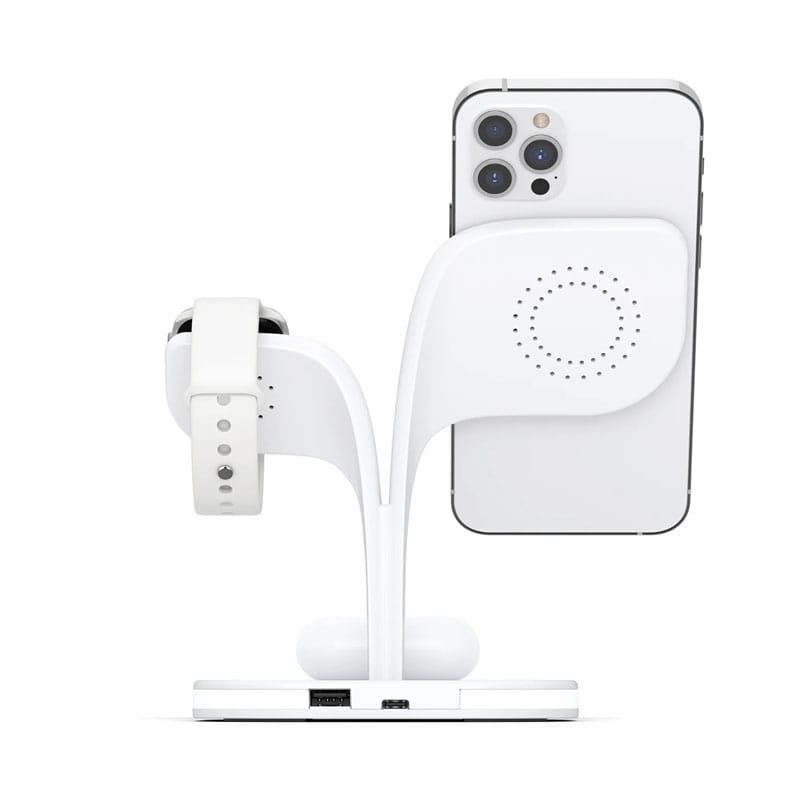 Incarcator wireless magnetic NEXTLY pentru iPhone 12/13/14 Mini/Pro/Pro Max/Plus, AirPods 2/3/Pro, Apple Watch 2/3/4/5/6/7/8/SE, Fast Charger 15W, lumina ambientala LED, suporta husa Mag Safe, alb
