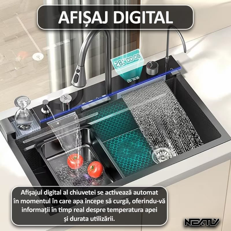 Chiuveta multifunctionala smart pentru bucatarie NEXTLY, robinet flexibil, cascada integrata, robinet tip ploaie, panou de control tactil, afisaj digital LCD, accesorii incluse, kit complet de instalare, otel inoxidabil, 68x45cm, negru grafit
