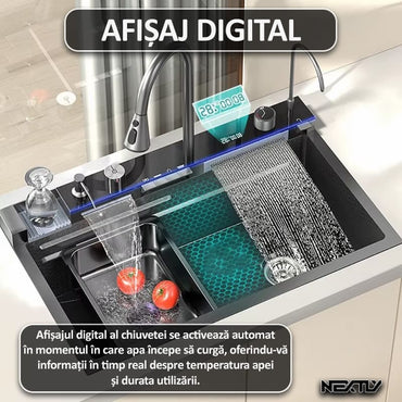 Chiuveta multifunctionala smart pentru bucatarie NEXTLY, robinet flexibil, cascada integrata, robinet tip ploaie, panou de control tactil, afisaj digital LCD, accesorii incluse, kit complet de instalare, otel inoxidabil, 68x45cm, negru grafit