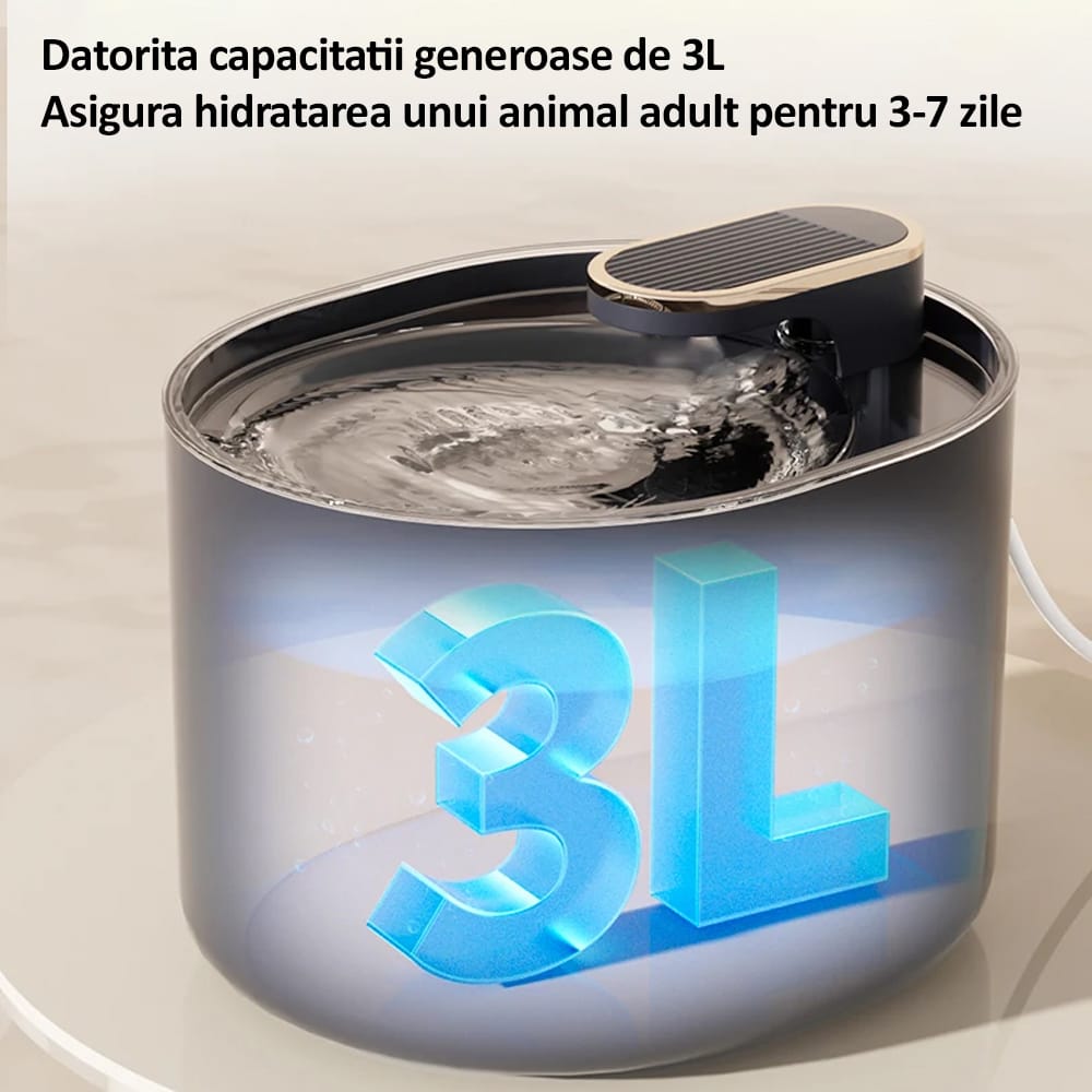 Dispenser automat de apa tip fantana pentru pisici si caini, NEXTLY, capacitate 3L, fitru de carbune activ si bumbac cu nano-bule, ultra-silentios, lumina led, alimentare USB, Negru Mat