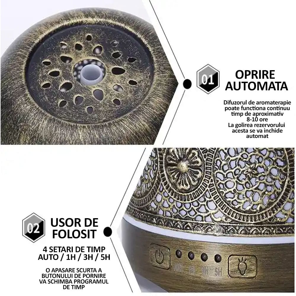 Difuzor de aromaterapie / umidificator cu ultrasunete, NEXTLY, portabil, silentios, capacitate 250ml, 7 culori LED pentru iluminare ambientala, 4 setari de timp, bronz