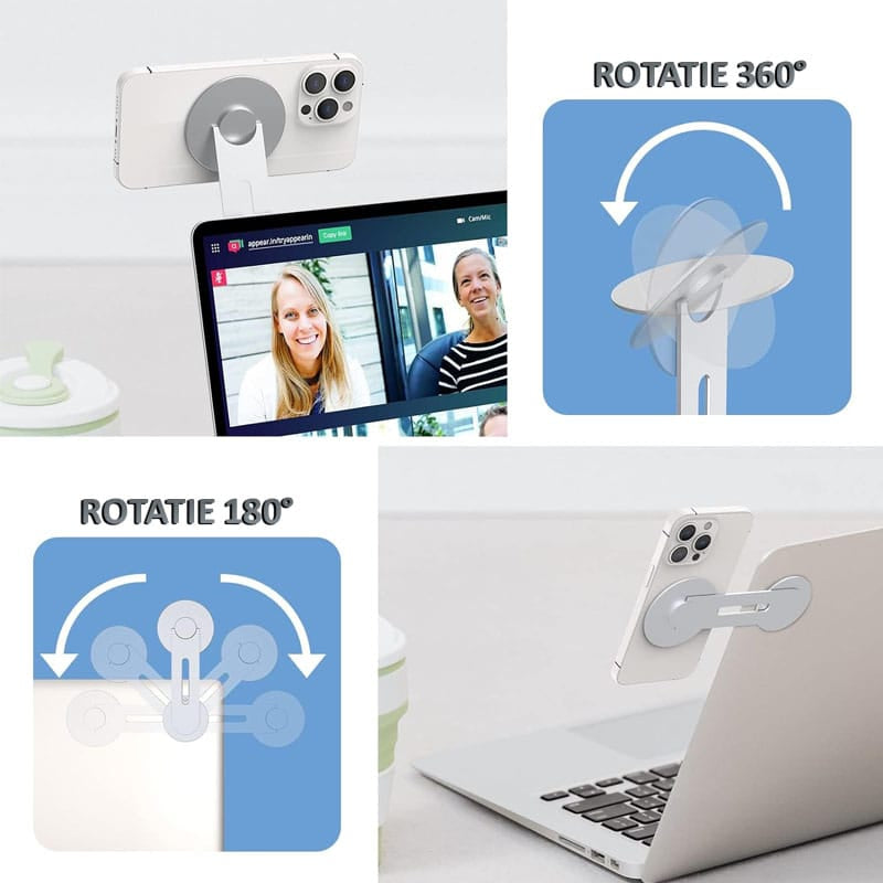 Suport magnetic pentru iPhone 12/13/14 si telefoane cu inele magnetice NEXTLY, atasare pe laptop/monitor, rotatie 180° si 360°, argintiu