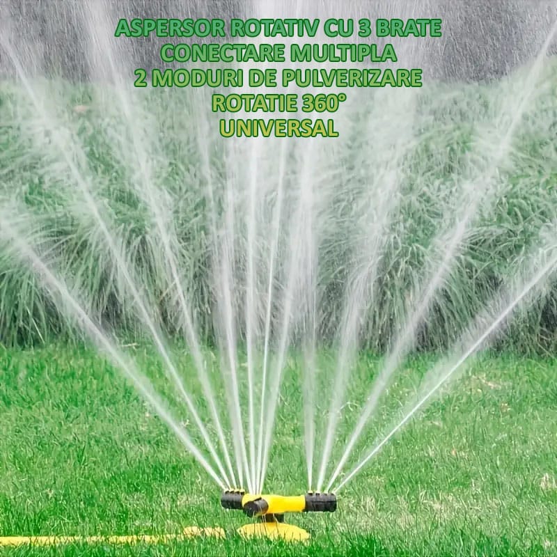 Aspersor rotativ pentru gradina NEXTLY, sistem de irigare cu 3 capete pentru gazon si plante, 2 moduri de pulverizare, rotatie 360°, conectare multipla, galben