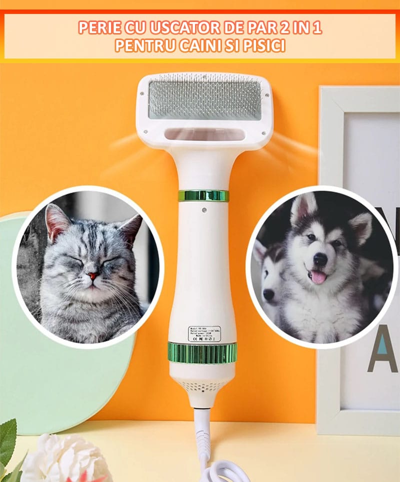 Perie cu uscator pentru caini/pisici 2 in 1 NEXTLY, 3 moduri de uscare, zgomot redus, 300W, cablu 1.5m, alb-verde