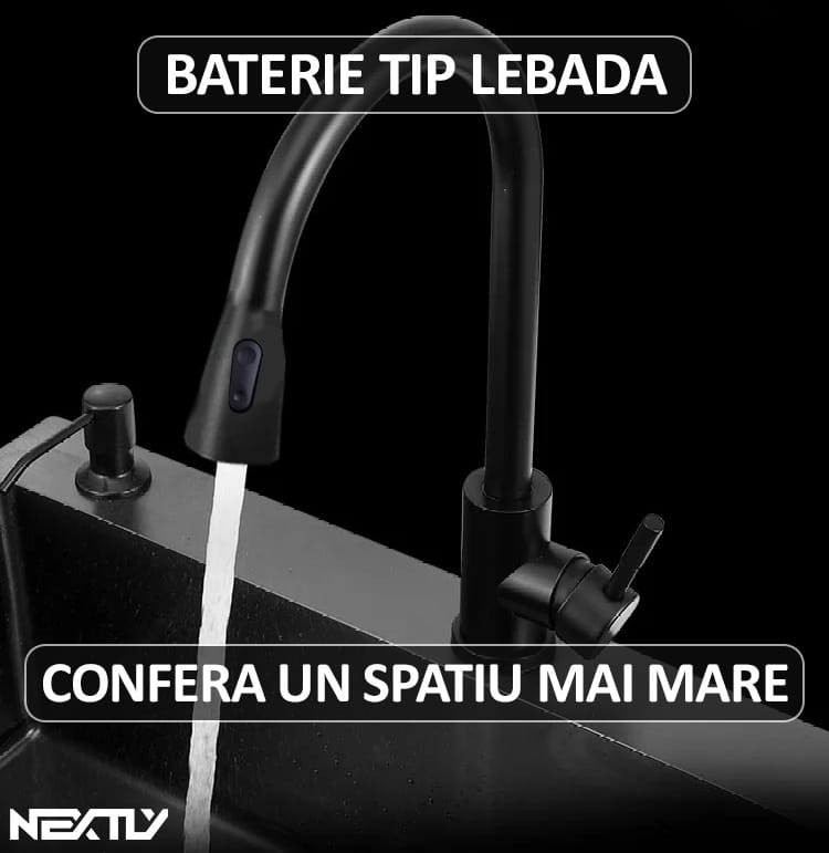 Set chiuveta si baterie tip lebada pentru bucatarie, NEXTLY, multifunctionala, include dozator detergent, cosulet, robineti, racorduri, scurgere, sita, dop, cap baterie extensibil cu doua moduri de je