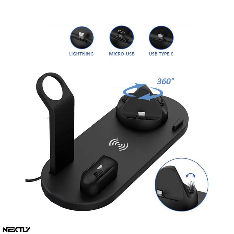 Incarcator wireless telefon 6 in 1, Apple Watch, AirPods, NEXTLY, stand rotativ cu 3 mufe Tip C, MicroUSB, iPhone, Fast Charge 15W, compatibil cu iPhone, Samsung si telefoane universale care au functi