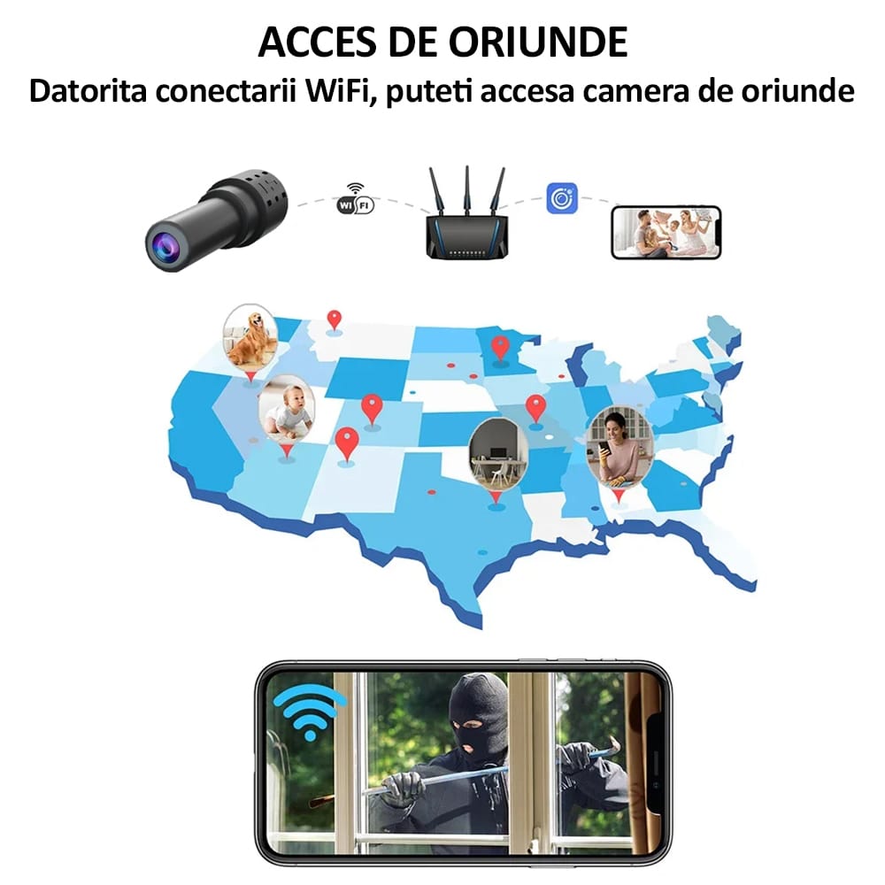 Mini camera de supraveghere WiFi, NEXTLY, FULL HD 1080p. pentru spionaj, dimensiuni mici, control aplicatie, detectare miscare, unghi larg 140°, microfon incorporat, negru