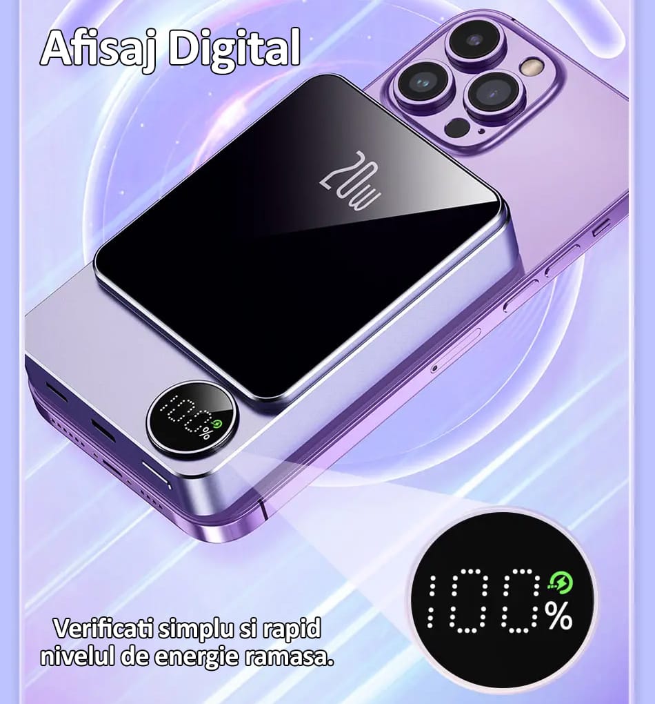 Baterie externa Wireless Magnetica 10 000 mAh, NEXTLY, incarcare rapida, 20W, incarcare wireless 5W, 7.5W, 15W, compatibila MagSafe, porturi Tip-C, lightning, mov