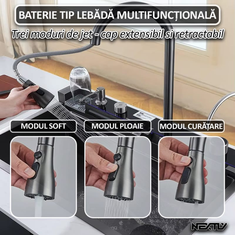 Chiuveta multifunctionala smart pentru bucatarie NEXTLY, robinet flexibil, cascada integrata, robinet tip ploaie, panou de control tactil, afisaj digital LCD, accesorii incluse, kit complet de instalare, otel inoxidabil, 68x45cm, negru grafit