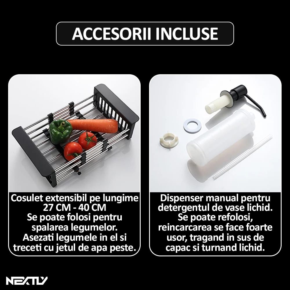 Set chiuveta si baterie tip lebada pentru bucatarie, NEXTLY, multifunctionala, include dozator detergent, cosulet, robineti, racorduri, scurgere, sita, dop, cap baterie extensibil cu doua moduri de je
