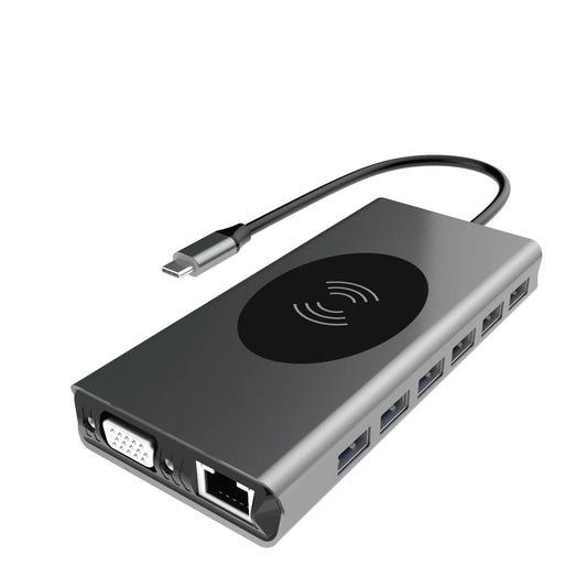 Hub USB-C 15 in 1 multifunctional, NEXTLY, adaptor multiport, incarcare wireless, 1 X HDMI, 1 X VGA, 4 X USB 2.0, 3 X USB 3.0, 1 X RJ45 Gigabit, 1 x USB-C PD100W, 1 X Jack 3.5mm, SD/TF, aluminiu