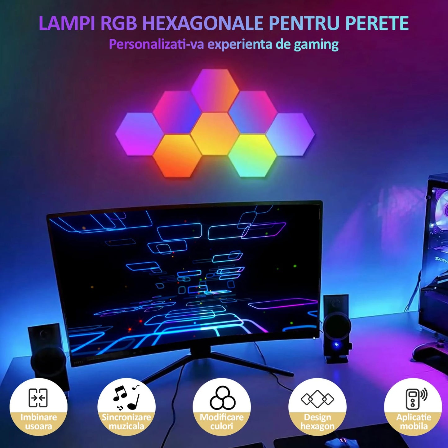 Set 8 lampi RGB hexagonale modulare de perete, NEXTLY, control prin aplicatie, telecomanda, moduri multiple, sincronizare muzicala, microfon, timer, luminozitate ajustabila